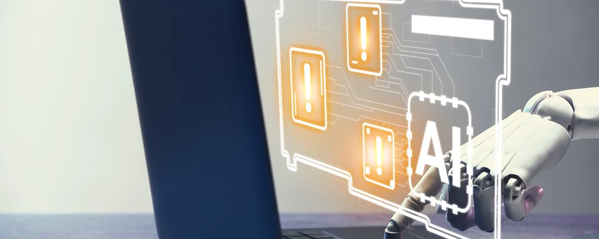 Mano robótica interactuando con una notebook y una interfaz de IA