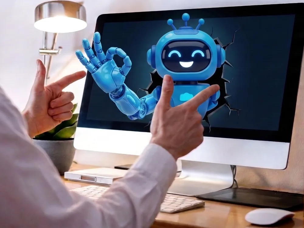 Persona aprobando con la mano un chatbot listo en la pantalla